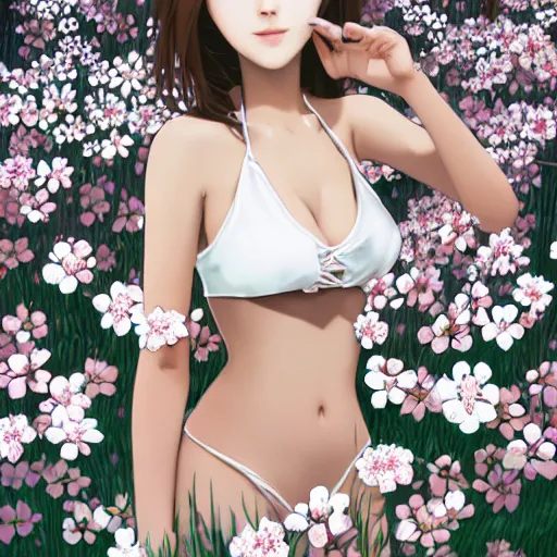 Prompt: girl wearing an bikini made of white flowers, art made by ilya kuvshinov,