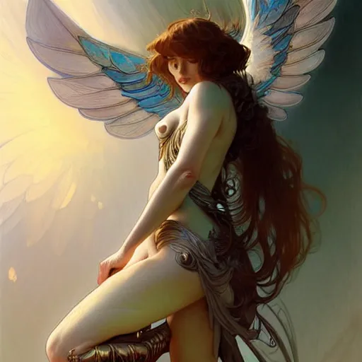 Image similar to Winged girl angel, fantasy, intricate, elegant, highly detailed, digital painting, artstation, concept art, smooth, sharp focus, illustration, art by Krenz Cushart and Artem Demura and alphonse mucha