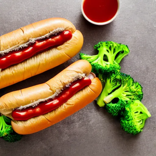 Image similar to photo shoot portrait of a delicious hot dog with mackerel, broccoli, ketchup and mustard, uhd, 8k, detailed,