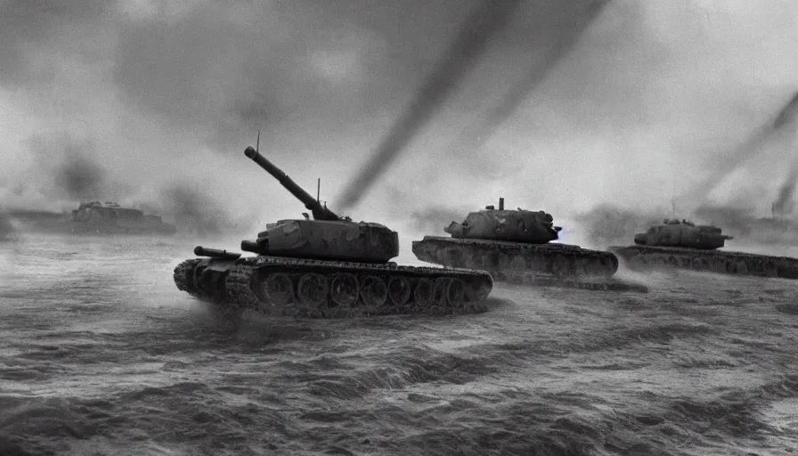 Prompt: old black and white 4 0's photos of world war 2 showing tanks with laser canons on omaha beach, hyperdetailed, artstation, cgsociety, 8 k