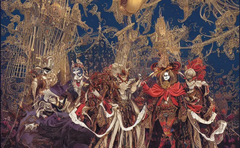 Prompt: the enchanted venice carnival dream with dancing masked people, behance hd artstation, by yoichi hatakenaka, masamune shirow, josan gonzales and dan mumford, ayami kojima, takato yamamoto, barclay shaw, karol bak, yukito kishiro