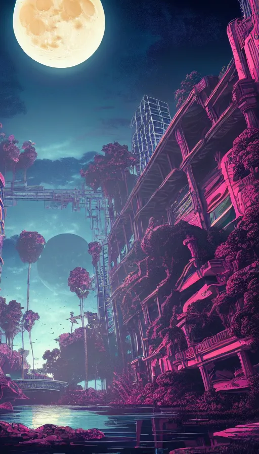 Image similar to reclaimed by nature by moon hoon, darkacademia atlantis cosmic san andreas at dawn neon signs tokyo synthwave universe, archdaily, wallpaper, highly detailed, trending on artstation.