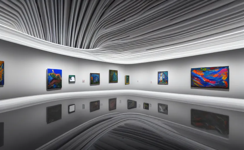 Prompt: interior futuristic art gallery wide angle highly detailed by santiago calatrava, wall hanging paintings of art by saturno monet! and wlod, captivating 8 k hdr, octane render godrays