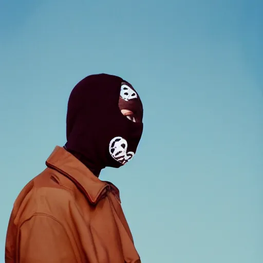 Image similar to realistic! photoshoot for a new dior lookbook, color film photography, portrait of a beautiful woman wearing a balaclava mask, photo in style of tyler mitchell, 35mm lens