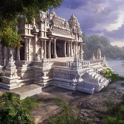 Prompt: 4 k unreal engine render of an ancient never seen before indian high detail palace and temple islands. complex architecture with intricate aetheral pilars. high detailed water. jungle background. afternoon light. hyper realistic render, digital illustration, trending on art station
