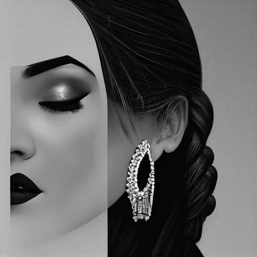 Image similar to digital art painting portrait of elegant gothic lady with earrings, black and white, hard edges, high quality, textured, by caestrad, cell shading, dark background, mystic, goddess, perfect lighting, high contrast, arstation, artgerm, wlop, 8 k, lightrays