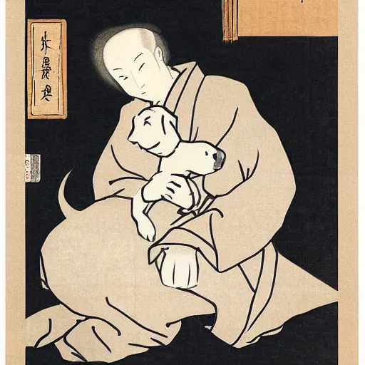 Image similar to tired white pitbull puppy curled up on a japanese man's lap, vintage, art by utamaro