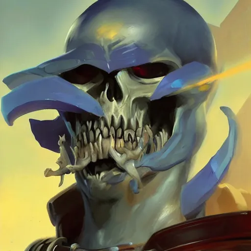 Image similar to greg manchess painting of skeletor as an overwatch character, profile picture, matte painting, bold shapes, hard edges, street art, trending on artstation, by huang guangjian and gil elvgren and sachin teng