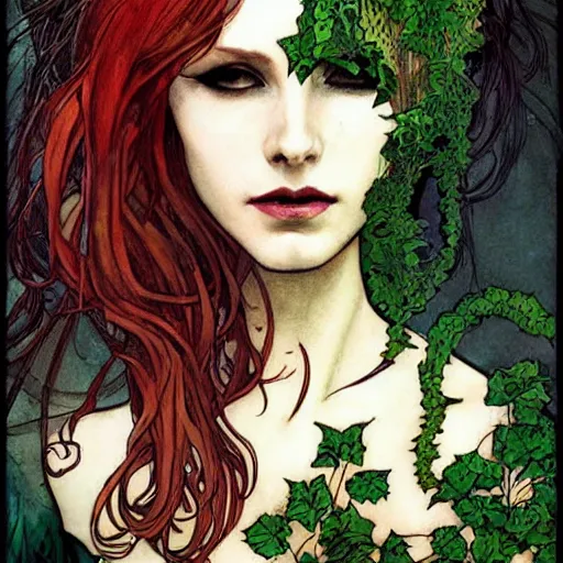 Prompt: a beautiful painting of poison ivy as a cyberpunk time traveler, dark eyeliner, intricate, elegant, highly detailed, digital painting, artstation, concept art, matte, sharp focus, illustration, art by rebecca guay and by arthur rackham and by alphonse mucha and by john william waterhouse