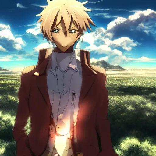 Prompt: anime man with a steampunk prosthetic arm, handsome, finely detailed, cinematic lighting, clouds, sky, sunlight, anime,