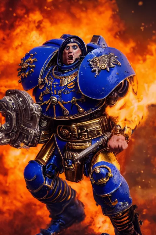 Prompt: a portrait of an ultramarine, space marine, warhammer 4 0 k setting, dynamic pose, close - up, intricate details, intricately detailed clothing, intricate textures, warm lighting, vivid colors, smoke and mist, realistic octane render, hyper realistic render, volumetric shading, depth of field, raytracing, 8 k,