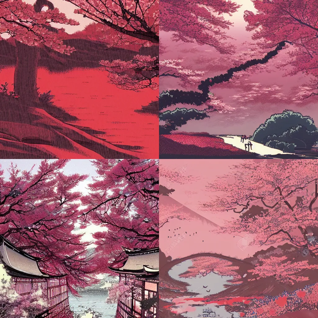 Prompt: beautiful illustration of a landscape in a cherry blossom storm, japanese countryside, red colour splash, in the style of Katsuhiro Otomo and Takehito Harada and Yoshitaka Amano