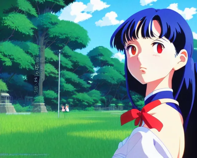 Image similar to Rei Hino from Sailor Moon, park in background, bokeh. anime masterpiece by Studio Ghibli. illustration, sharp high-quality anime illustration in style of Ghibli, Ilya Kuvshinov, Artgerm