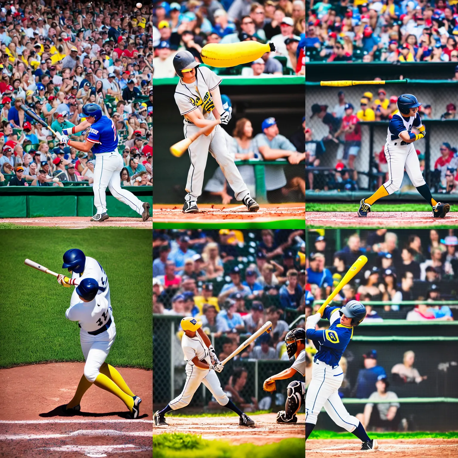 Prompt: a baseball player hitting a home run using a giant banana instead of a baseball bat, sports photography, Nikon 200mm, high quality