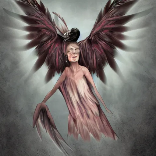 Prompt: a harpy, a woman with bird wings for arms, digital art