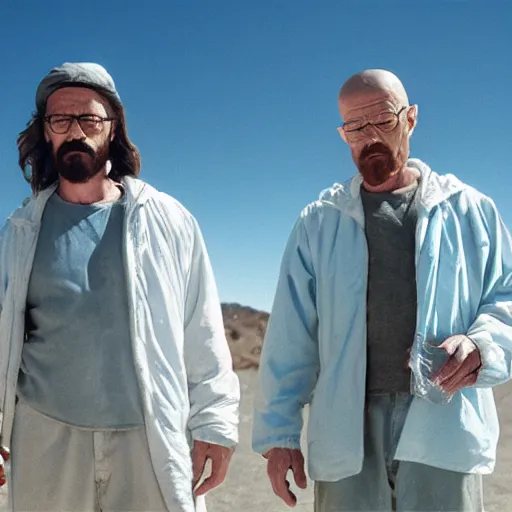 Image similar to Jesus and walter white holding ziploc bags of crystal blue meth, in the desert, film still, 4k, photorealistic, hd