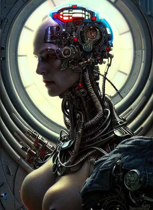 Prompt: portrait of a cyborg, hyper detailed masterpiece, dystopian background, jean giraud, digital art painting, darkwave goth aesthetic, lovecraftian, artgerm, donato giancola and tom bagshaw