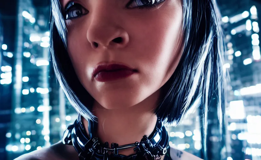 Image similar to a portrait picture of a cyberpunk woman wearing a steel collar choker , highly detailed, high quality, HD, 4k, 8k, Canon 300mm, professional photographer, 40mp, lifelike, top-rated, award winning, realistic, sharp, no blur, edited, corrected, trending