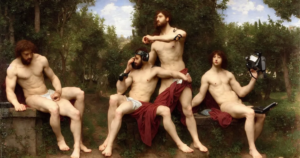 Image similar to pre-Raphaelite male muscular athletic gamers wearing headsets and playing video-games on laptops playstation5 x-box and PC by Bouguereau and raphael