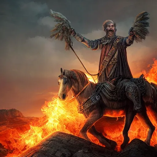 Image similar to Beautiful hyperrealistic detailed matte painting of a 60 year old man in Biblical outfit standing on an ancient chariot made of fire. Firey horses. nightime.