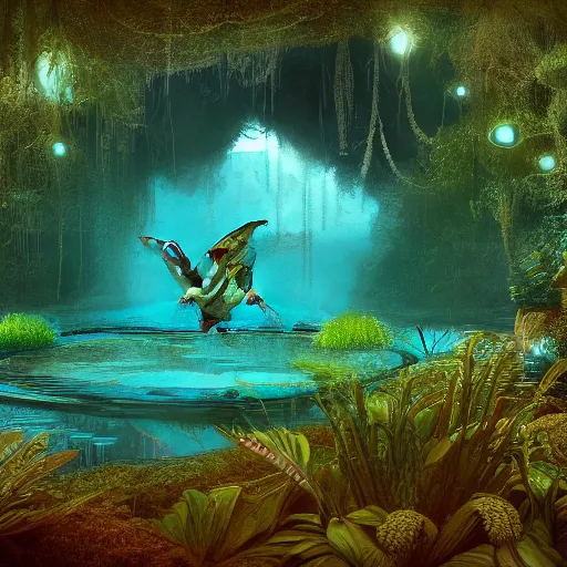 Image similar to beautiful symmetrical an old silent pond frog jumps into the pond splash! silence again, surrounded by machine axonometric fantasy intricate elegant highly detailed in volumetric void of latent space lush flowers surround, realm of the gods golden turquoise steampunk, high contrast cinematic light, mystical shadows, octane render, photographic, concept art, art high renaissance art, unreal engine 8 k