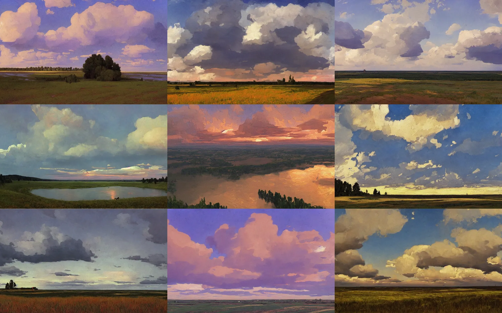 Prompt: painting in the style of Isaac Levitan, Savrasov, arkhip kuindzhi, T Allen Lawson and Ian Fisher and sidney richard percy, wide river and tiny house on the top of the hill, dream heavenly cloudy sky, horzon, stromy clouds, sunset sunrise, volumetric lighting, very beautiful scenery, pastel colors, ultra view angle view