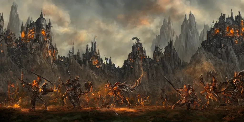 Prompt: a fabulous fantasy matte painting of fighting warriors next to a castle in evening, by Simon Bisley, artstation