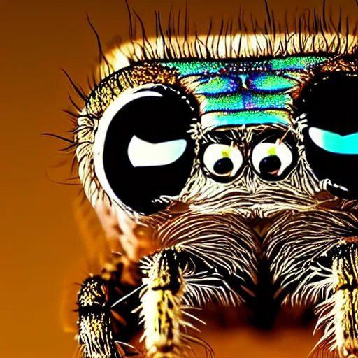 Prompt: a jumping spider, by pixar, macro lens, iridescent,