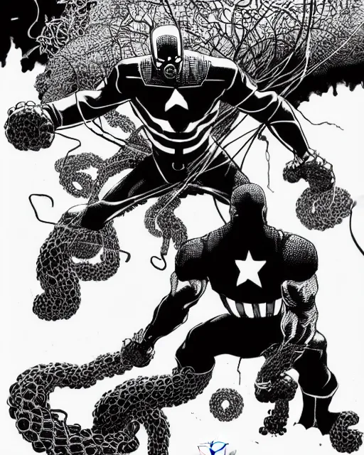 Image similar to black and white captain america defends himself with a shield against the sword of a giant tree monster with wires and tentacles in the cuberpunk forest, by tsutomu nihei, black and white