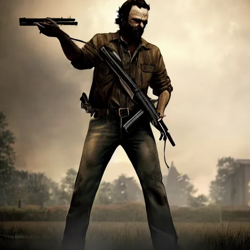 Prompt: rick grimes long shot, zombies, sharp focus, digital art, Hyper-realistic, 4K, Unreal Engine, Highly Detailed, HD, Dramatic Lighting by Brom, trending on Artstation