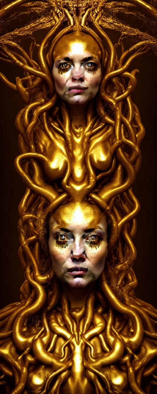 Image similar to portrait photo of a surreal goddess in the middle of a ancient wood, gold fluid simulation in the background, ultra super good realistic 3D render by Pete Morbacher and Emil Melmoth, insanely detailed, trending on artstation, sharp focus