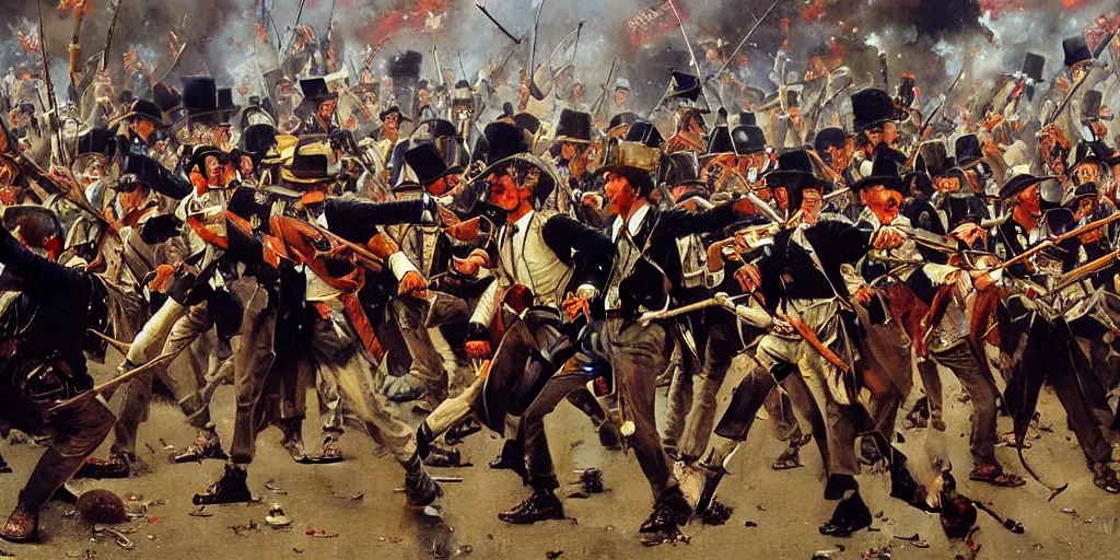 Image similar to detailed painting of the battle of new orleans with dancing soldiers by norman rockwell