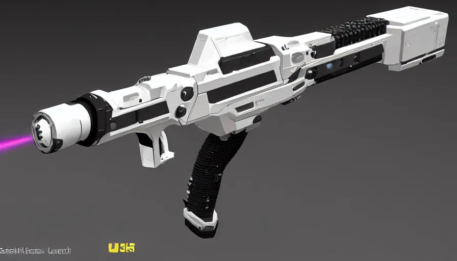 Image similar to extremely detailed realistic side view of a sci fi laser lmg, detailed trigger, chemically propelled, battery powered, smooth streamline, battery and wires, railgun, chemrail, gauss, elegant sleek smooth body, white paint, smooth utopian design, ultra high quality, minimalist, octane, cod, destiny, warframe, terminator