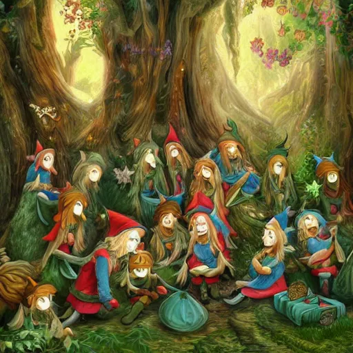 Image similar to highly detailed commune of hedonist elves. the elves are carefree and playful. digitally painted forest scene. The elves each have the face of famous musician !!!!!Ed Sheeran!!!!!. pixiv, artbreeder. high quality art