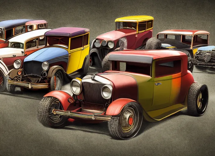 Image similar to 1 9 2 9 cars, lowbrow, matte painting, 3 - d highly detailed, in the style of michael irvine,