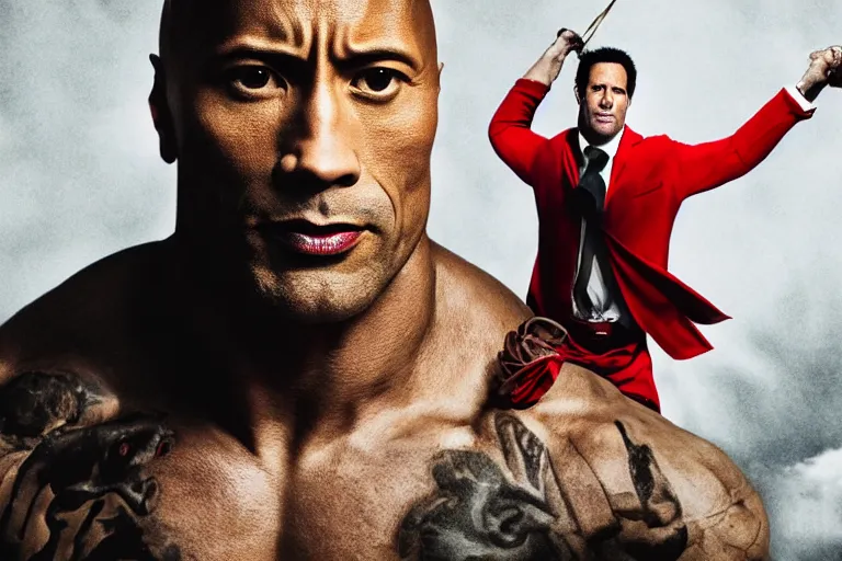 Image similar to ! dream a cinematic portrait of dwayne the rock johnson as pinocchio, annie leibovitz and zack snyder, 8 k, hd, high resolution, 8 5 mm, red and white color theme, f / 1. 8