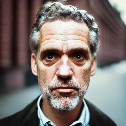 Image similar to closeup portrait of a Jordan Peterson , new york back street , by Steve McCurry and David Lazar, natural light, detailed face, CANON Eos C300, ƒ1.8, 35mm, 8K, medium-format print