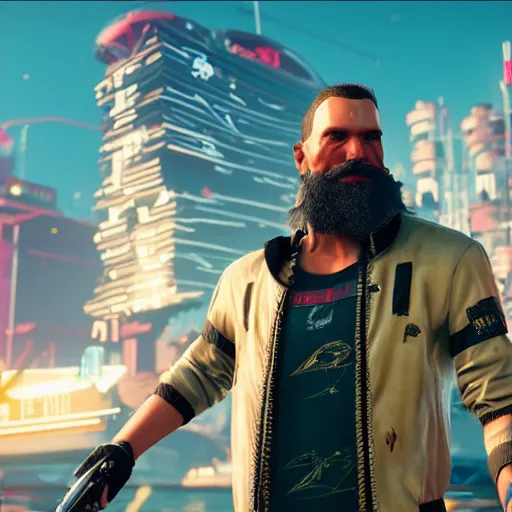 Prompt: a beautiful illustration of a ship captain with long black beard, screenshot from cyberpunk 2077, featured on artstation