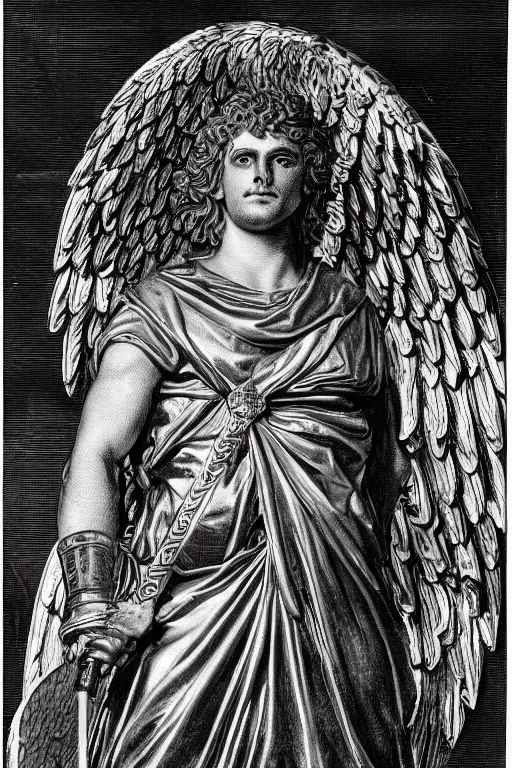 Prompt: A copper engraving of a handsome michael the archangel, triumphant, glorious, HD, 4k, 8k, incredibly detailed, intricate, masterpiece,