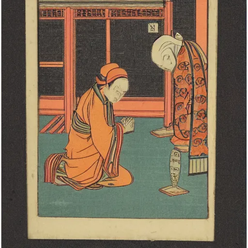 Prompt: late meiji period, colored woodblock print, muslim kneeling for prayer