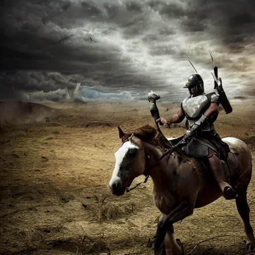 Prompt: a hyper-realistic photograph of a spartan soldier riding a horse through the ravaged battlefield in the style of a photo-realistic, realistic photograph, 3D render, blender, detailed, ominous, threatening, haunting, forbidding, colorful, doom, apocalyptic, sinister, unnerving, harrowing, dreadful, frightful, shocking, terror, hideous, ghastly, terrifying