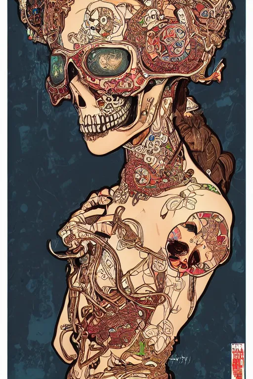 Prompt: beautiful skull cyborg portrait girl female illustration detailed patterns art of thai traditional dress, pop art, splash painting, art by geof darrow, ashley wood, alphonse mucha, makoto shinkai