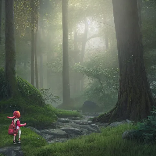 Image similar to a red - haired explorer girl kid with a backpack and a map, in the deep tangled, mossy, misty forest, lit by sunbeams, by loish, unreal 5,