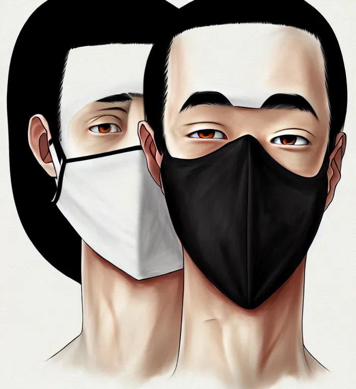 Prompt: white man with black fabric mask, short dark hair, true anatomy!, digital painting, art by hayao miyazaki