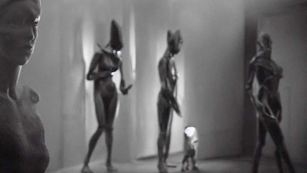 Image similar to movie scene of a human girl and a reptilian humanoid, reptile, reptilian, movie still, cinematic composition, cinematic light, criterion collection, re imagined by industrial light and magic, no B/W, Movie by David Lynch