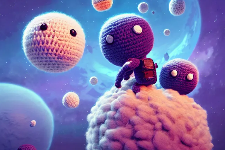 Image similar to an expedition of crochet astronauts discovering a new fluffy planet made out of yarn. cute, illustration, digital art, inspired by little big planet, by greg rutkowski, detailed, sharp, masterpiece, highly detailed, photorealistic, octane render, 8 k, unreal engine 5, trending on artstation