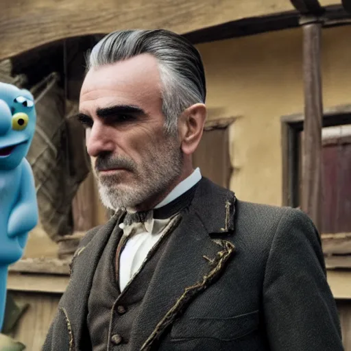 Prompt: film stills, daniel day lewis in the dramatic live - action biopic film of spongebob. not a cartoon.