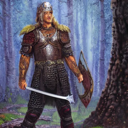 Prompt: travis fimmel in chainmail as a fantasy warrior, in the forest, oil painting, 8 k, high detail, heroic, dramatic, in the style of brom, book cover, award winning