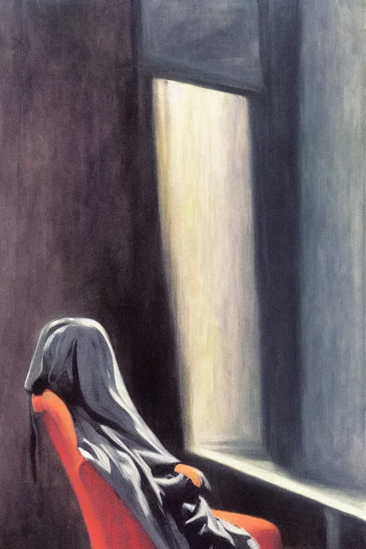 Image similar to dark figure seated on chair, face covered with veil, fog, early morning, , painted by Edward Hopper and Francis Bacon, painted by Wayne Barlow, airbrush, art by TakatoYamamoto