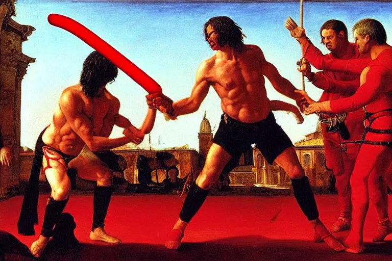 Prompt: only with red, ney matogrosso wrestling with a giant cobra, a red tiger, in hoc signo vinces, 2 0 3 0 rome in background, an ancient sword and battle, painting by gottfried helnwein, intricate composition, red by caravaggio, insanely quality, highly detailed, masterpiece, red light,